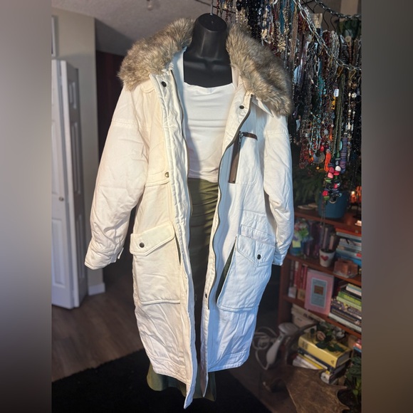 PIZAZZ Vintage 90s Cream Cotton Parka Faux Fur Collar Aspen Ski Lodge NWT M/L - Picture 10 of 17